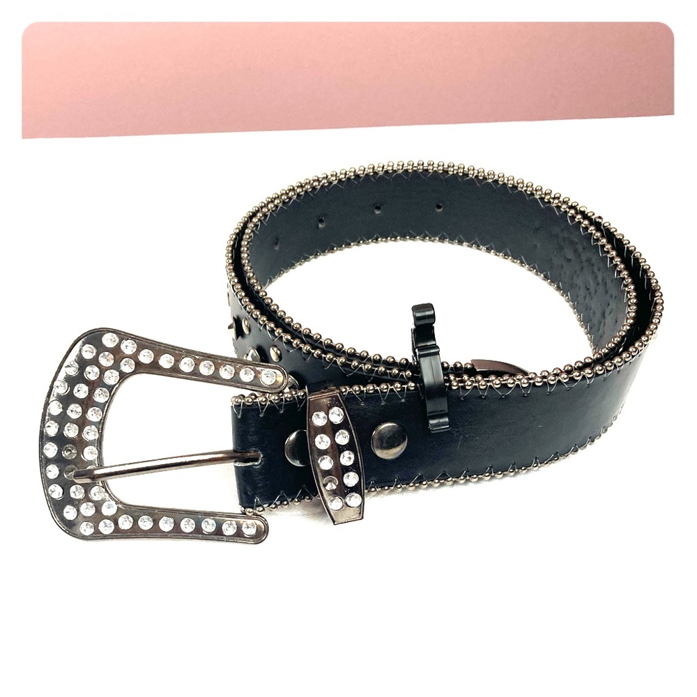 Black Faux Leather Rhinestone Beaded Belt